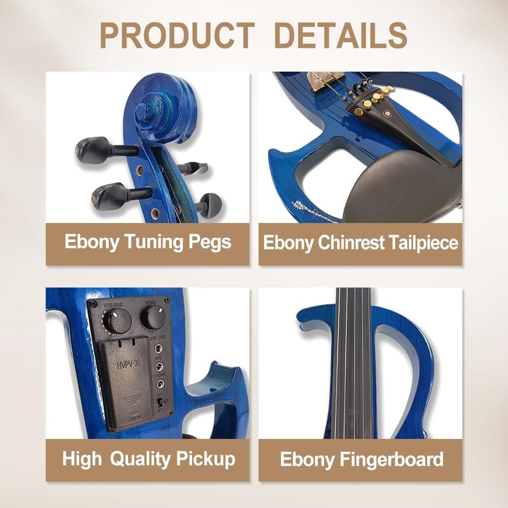 Vetimobato 16 Inch Silent Electric Viola Set- Solidwood Body with Ebony Fittings Metallic Coating Full Viola Set for Beginner Practice