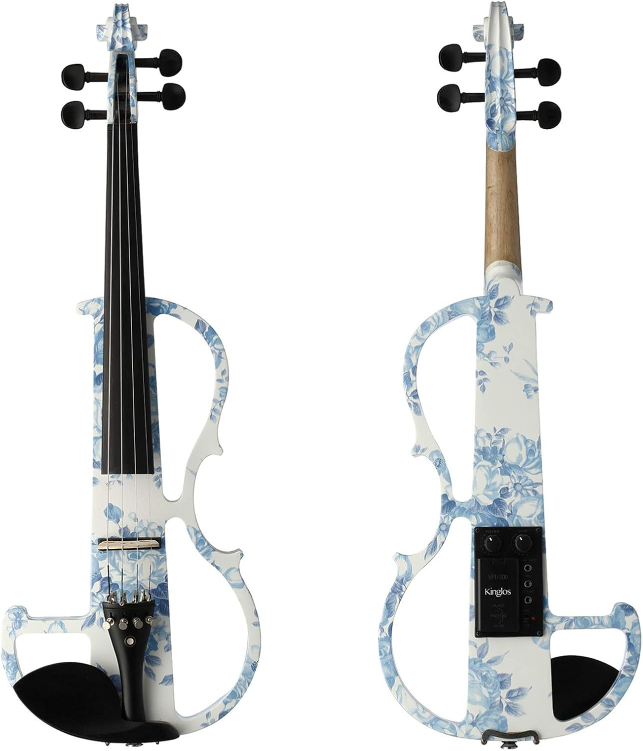 Kinglos 4/4 White Blue Flowers Colored Solid Wood Advanced Electric/Silent Violin Kit with Ebony Fittings Full Size (DSG1201)